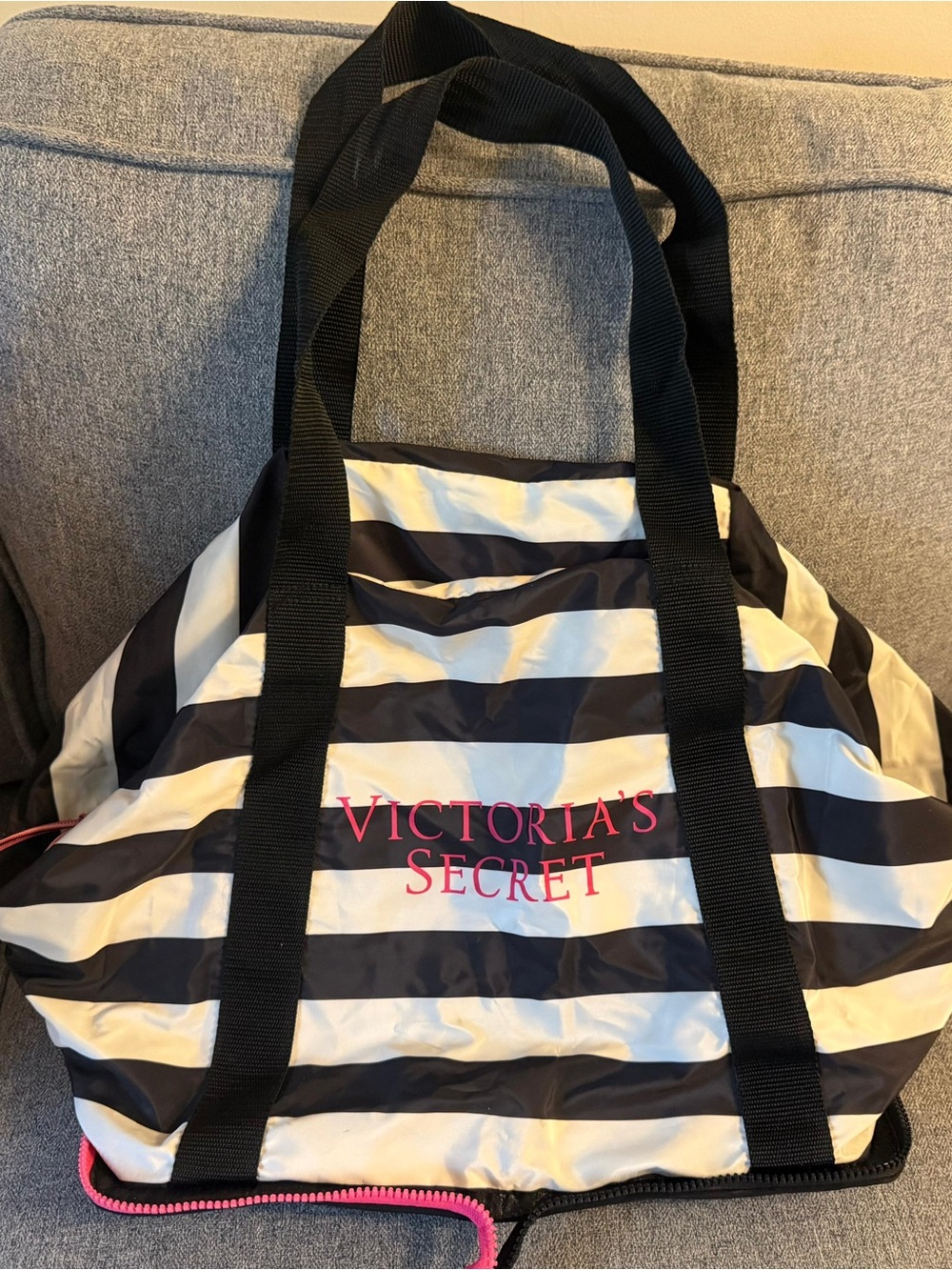 Victoria's Secret Black and White Striped Tote with Pink Logo Accents